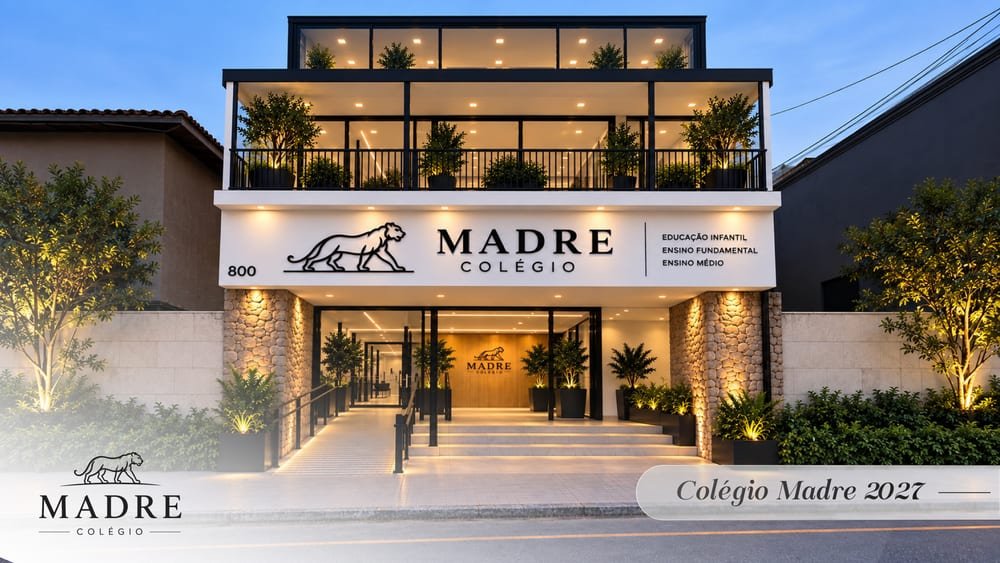 Fachada da nova estrutura, com a logo do colégio