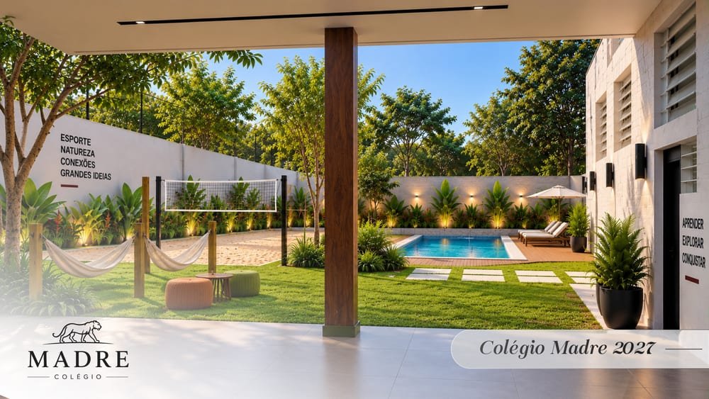 Área externa com piscina e quadra de vôlei